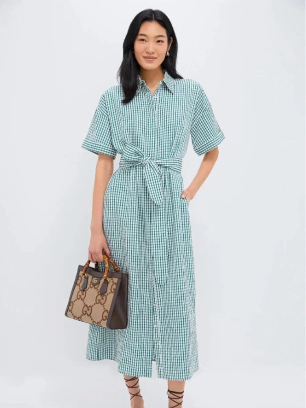 Tuckernuck Pomander Place Green Gingham Seersucker Zacara Shirt Maxi Dress XL